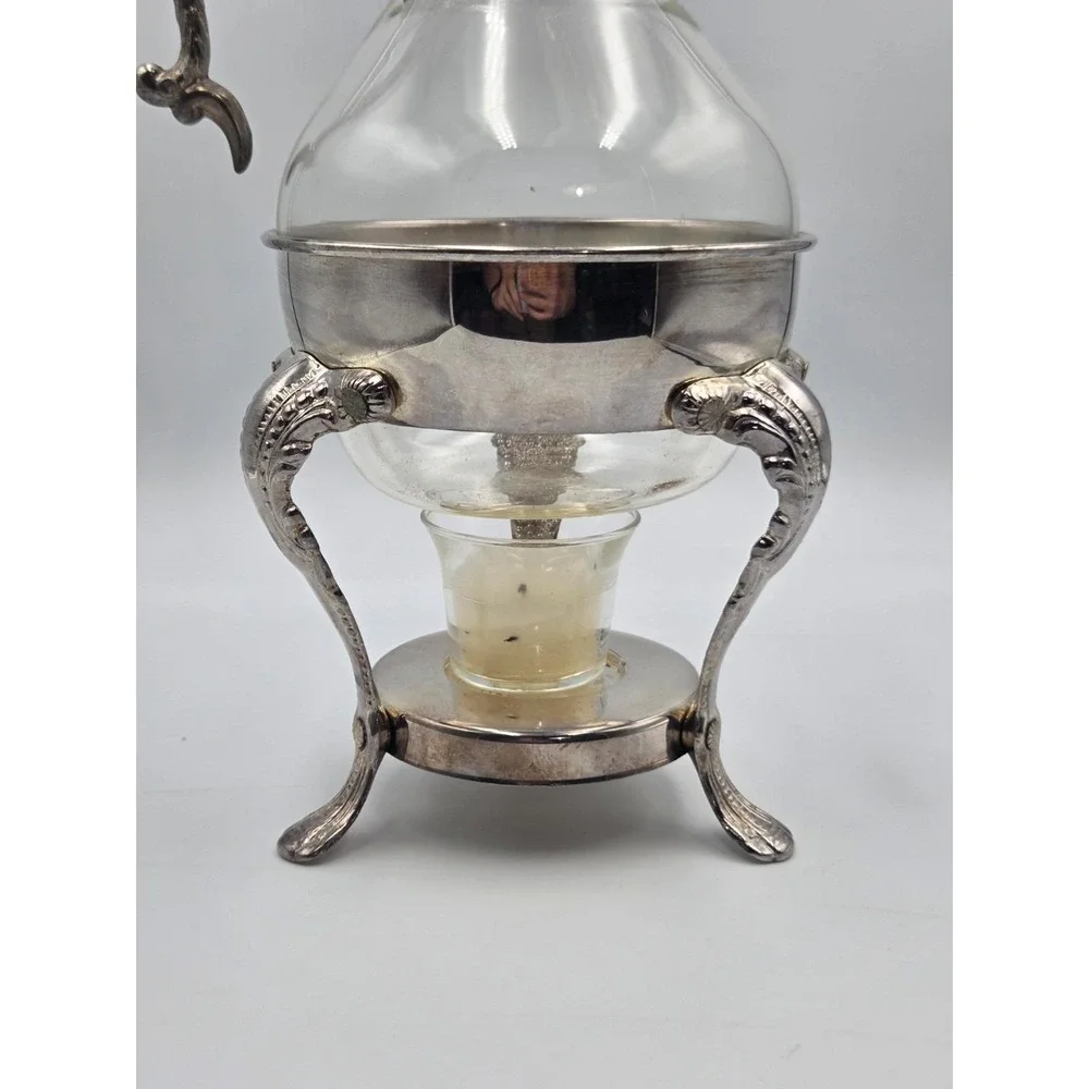 Vintage  Silver Plated Glass Coffee Pot Carafe W / Warming Stand 14.5